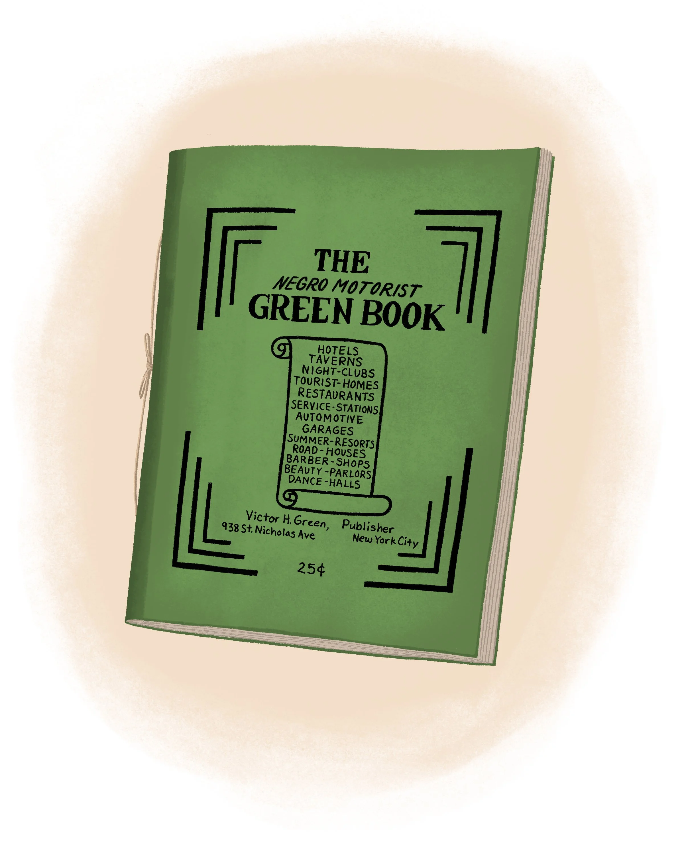 An illustration of the Negro Motorist Green Book. From Opening the Road, written by Keila V. Dawson and illustrated by Alleanna Harris.