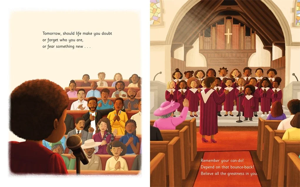 The little boy sings his church choir solo as his parents sit in the crowd. From All the Greatness in You by Tameka Fryer Brown and illustrated by Alleanna Harris.