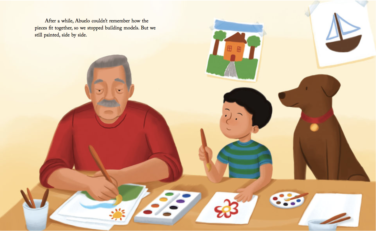 Abuelo started to forget how to put models together. From the picture book The Day Abuelo Got Lost, written by Diane de Anda and illustrated by Alleanna Harris.