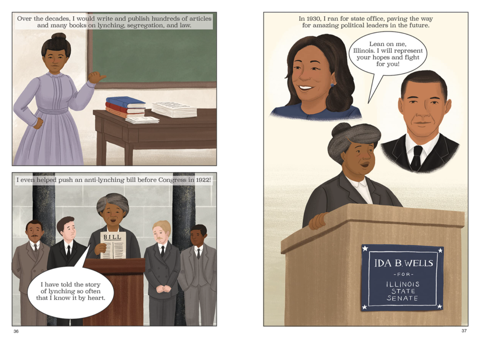 Ida B. Wells paved the way for Black political leaders in the future. From the graphic novel It's Her Story: Ida B. Wells, written by Anastasia Magloire Williams and illustrated by Alleanna Harris.