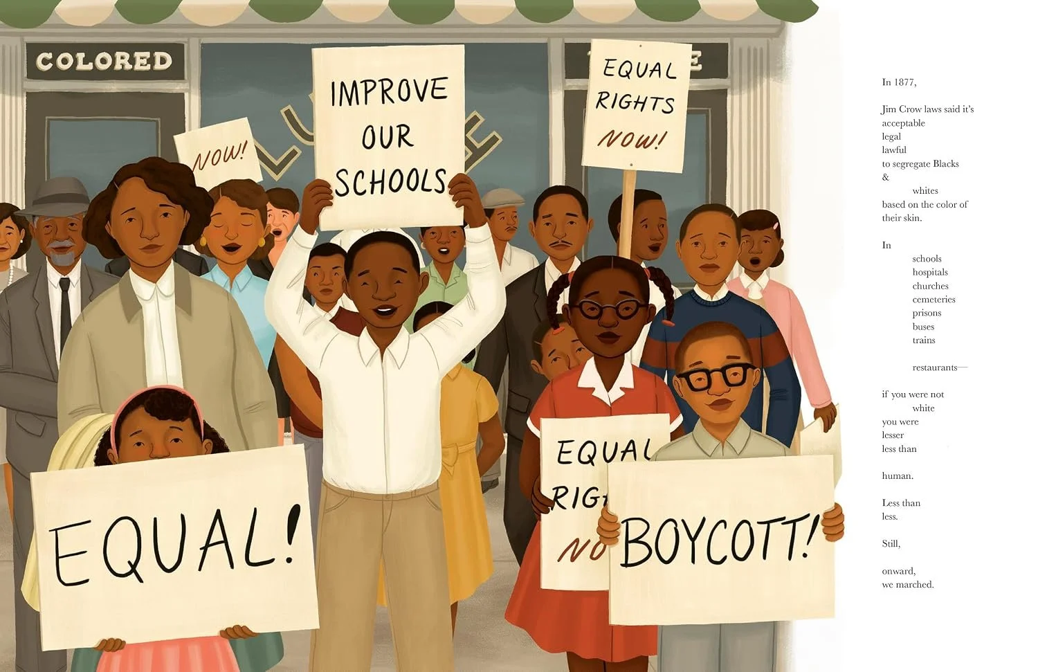 People boycott Jim Crow laws in front of a restaurant. From Onward, We Marched, written by Erica Martin and illustrated by Alleanna Harris.