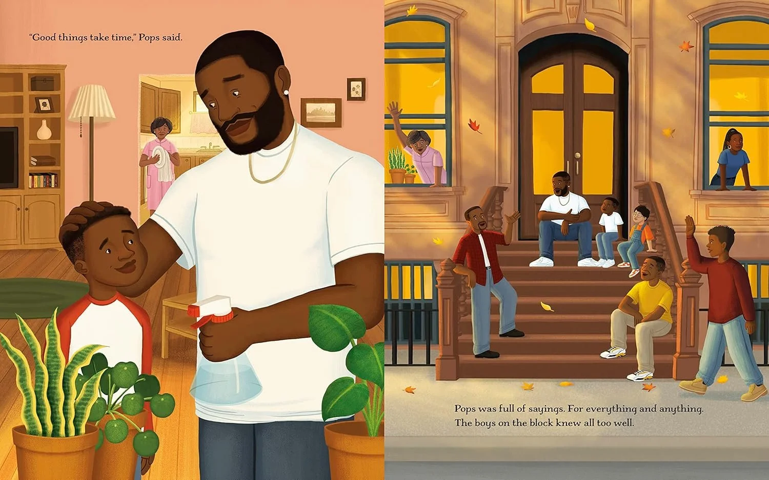 Malcolm spends time with his Pops both inside the house and outside on their stoop alongside the boys on the block. From Good Things, written by Maryah Greene and illustrated by Alleanna Harris.