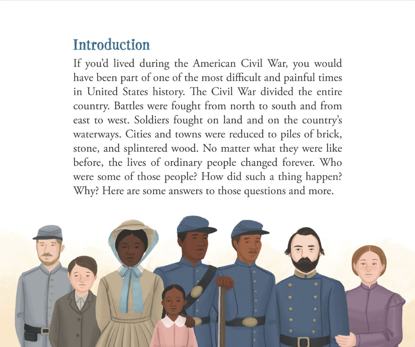 American civilians and soldiers of different ages and backgrounds stand together. From If You Lived During the Civil War, written by Denise Lewis Patrick and illustrated by Alleanna Harris.
