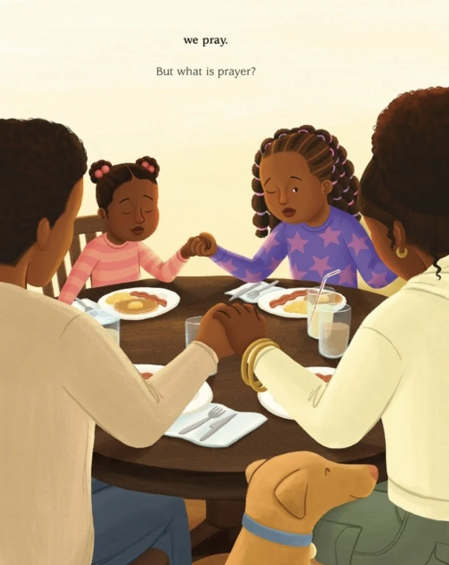 A young Black girl takes a peek while she and her family are praying before breakfast. From Prayer Is, written by Tameka Fryer Brown and illustrated by Alleanna Harris