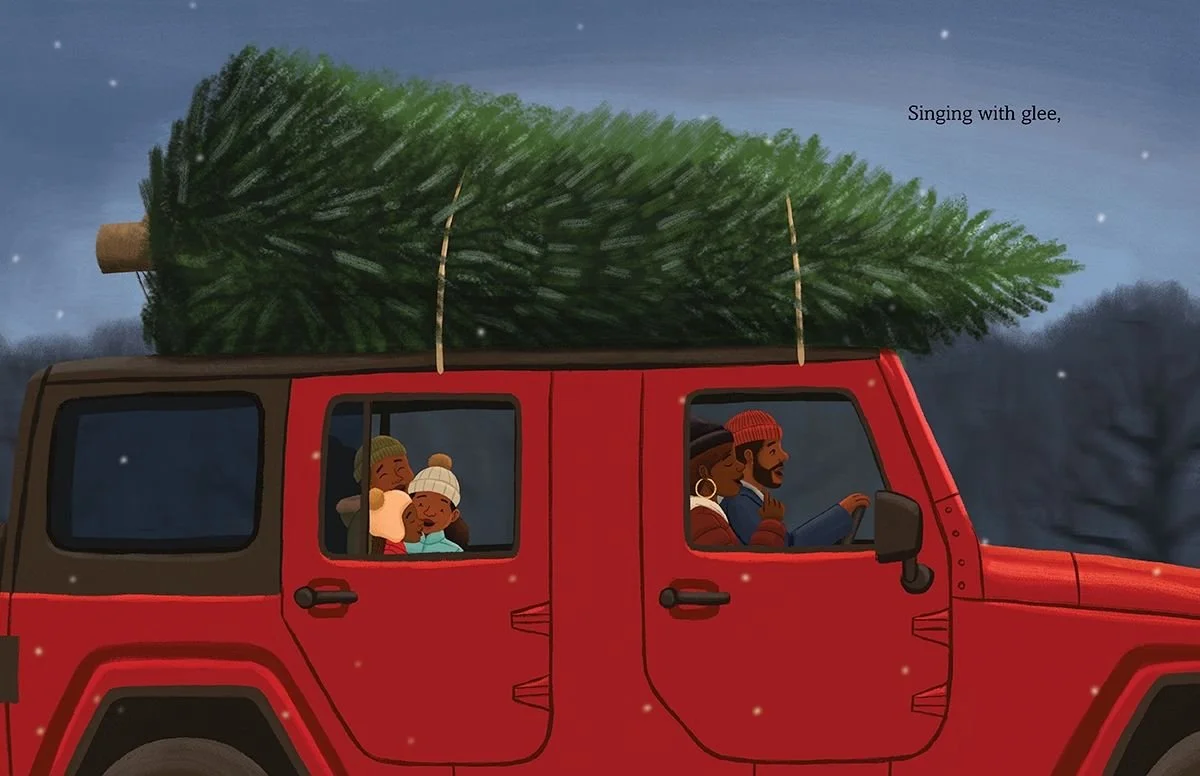 The family sings Christmas carols in their red Jeep as they bring their Christmas tree home. A sneak peek from the picture book O Holy Night, written and illustrated by Alleanna Harris.