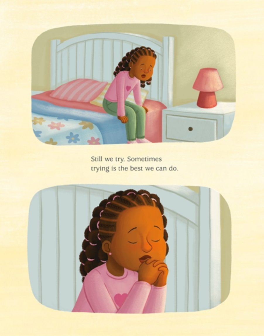 A young Black girl sits on the side of her bed and starts to pray. Prayer Is, written by Tameka Fryer Brown and illustrated by Alleanna Harris.