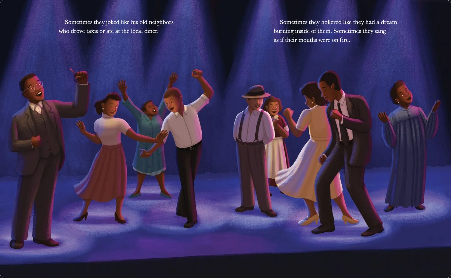 August Wilson's characters interact on stage. From A Song for August, written by Sally Denmead and illustrated by Alleanna Harris.