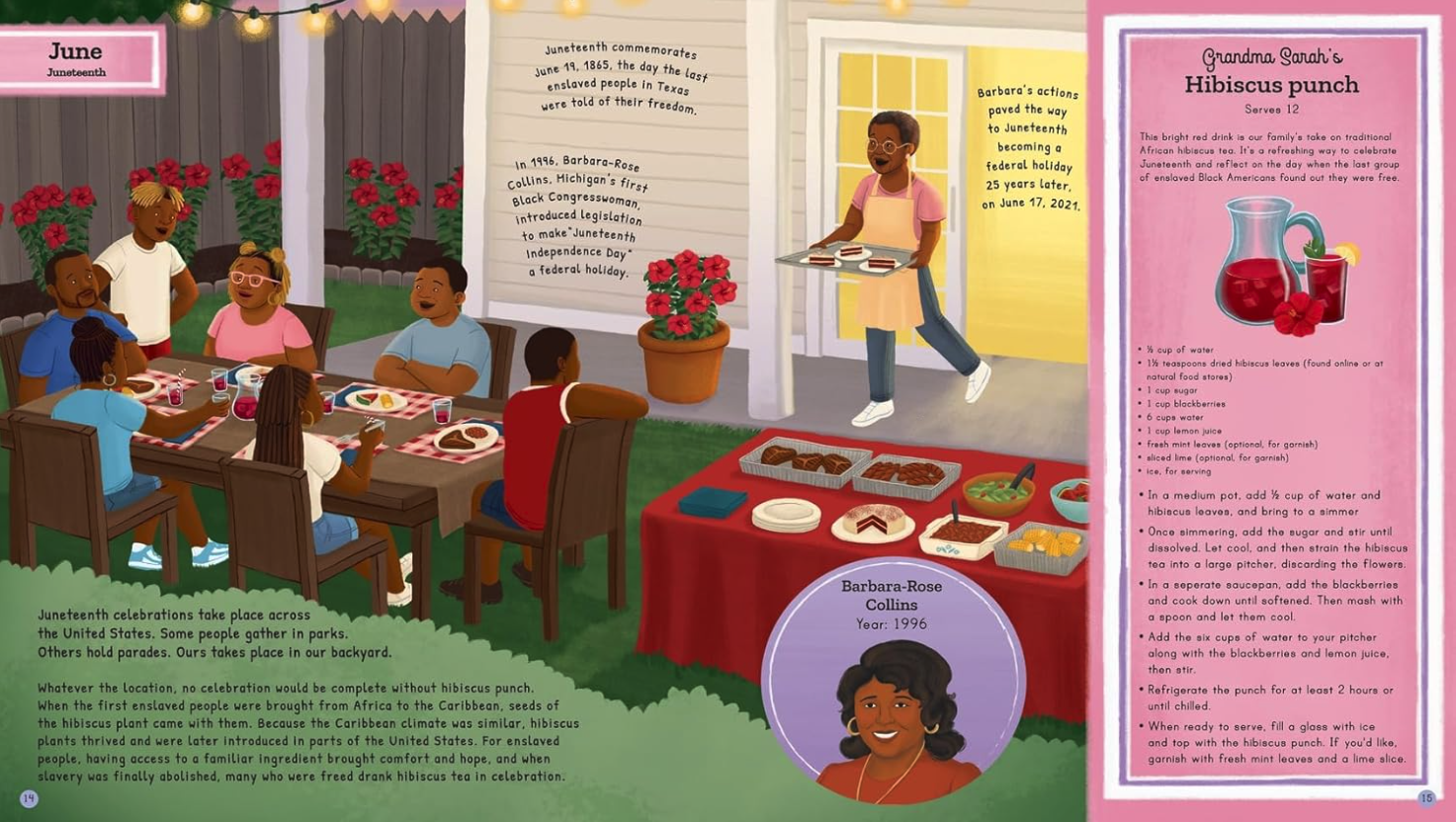 a scene from Cooking Up Change by Michael Platt and illustrated by Alleanna Harris. Michael and Alleanna's families have a backyard Juneteenth celebration.