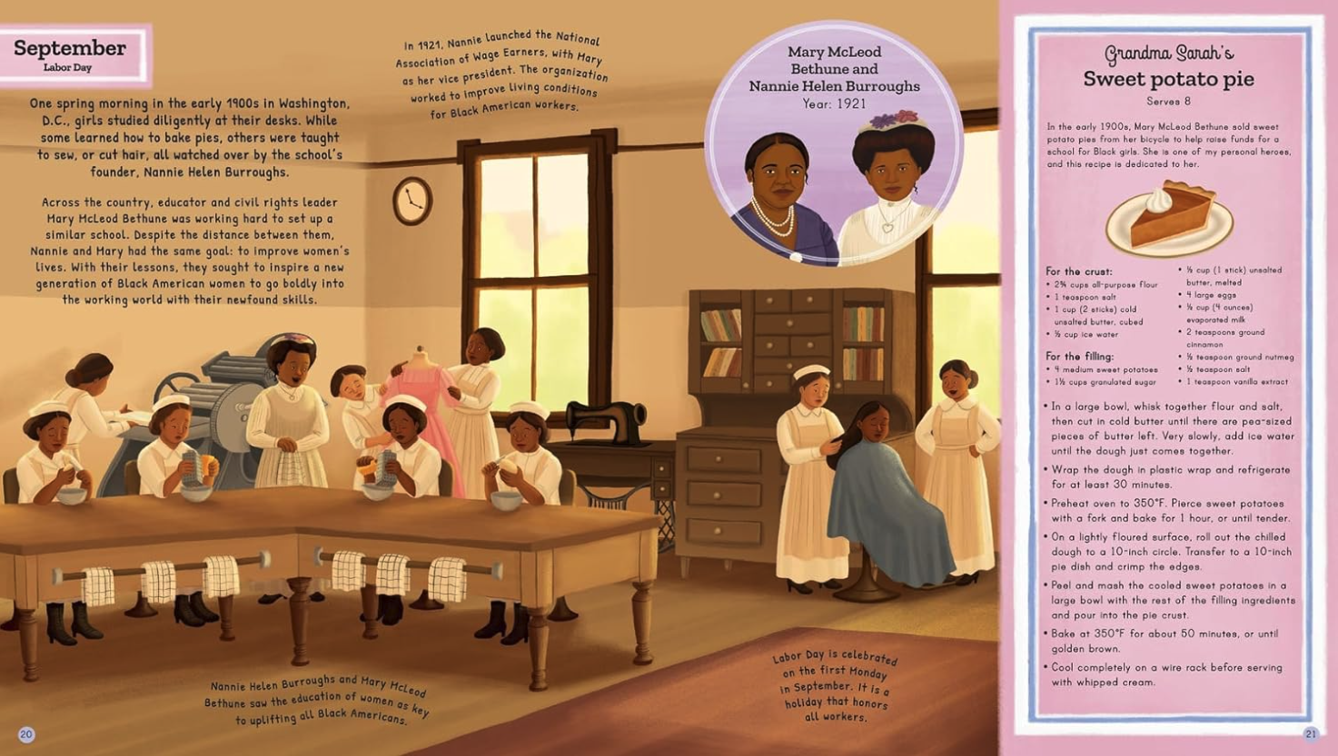 Nannie Helen Burroughs teaches her students at the National Association of Wage Earrners. From Cooking Up Change by Michael Platt and illustrated by Alleanna Harris.