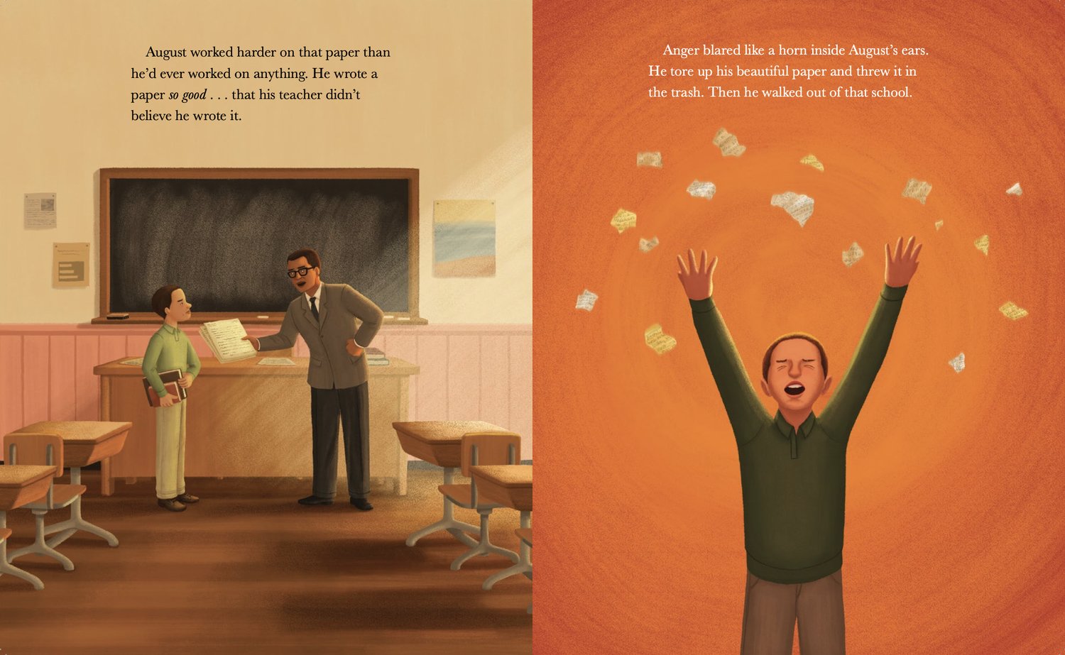 August Wilson wrote a paper so good that his teacher didn't believe he wrote it. Angered, August ripped his paper up. From A Song for August, written by Sally Denmead and illustrated by Alleanna Harris.