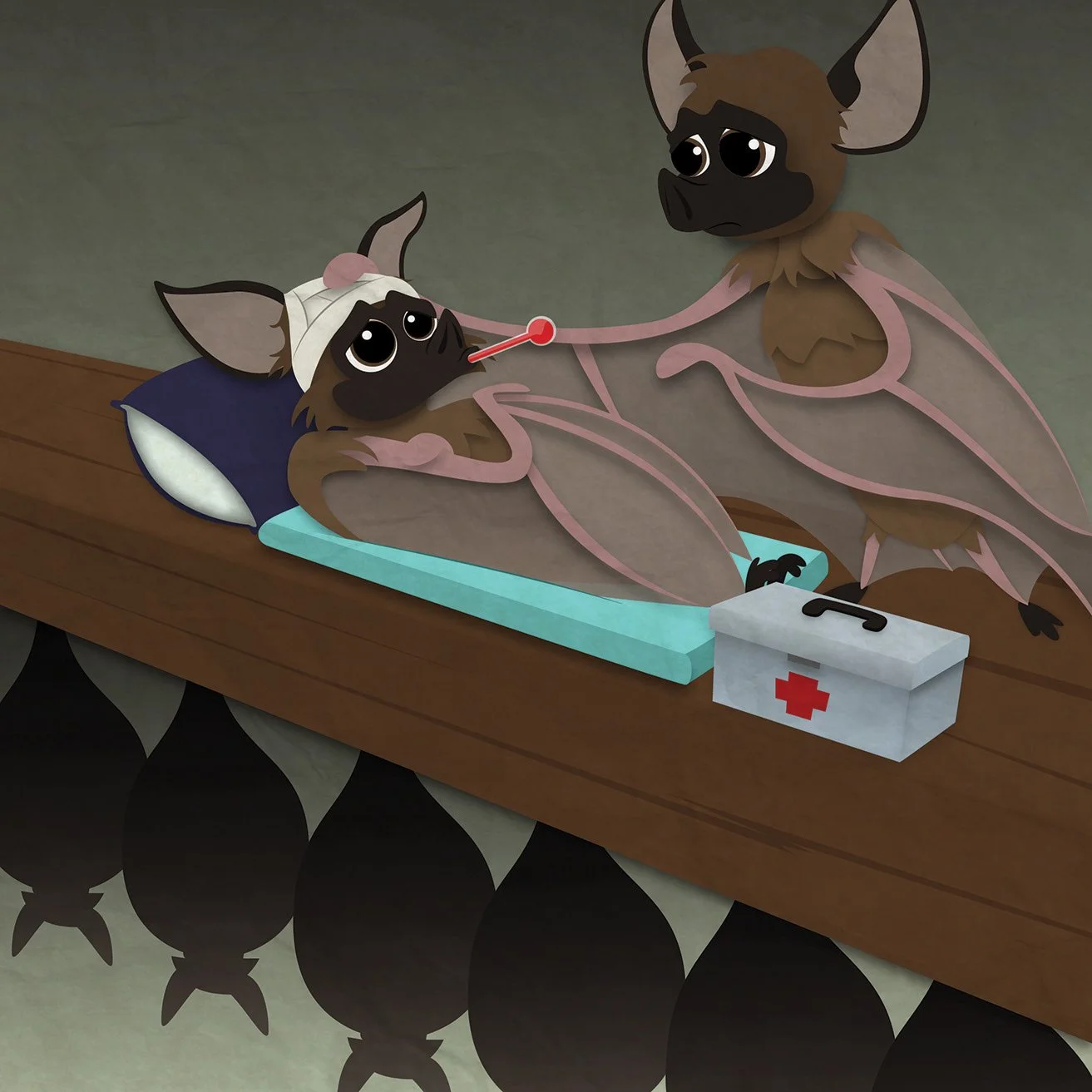 Animated bat lying in bed with a thermometer in its mouth, wearing a bandage on its head, being attended to by another bat with outstretched arms, and a medical kit nearby.