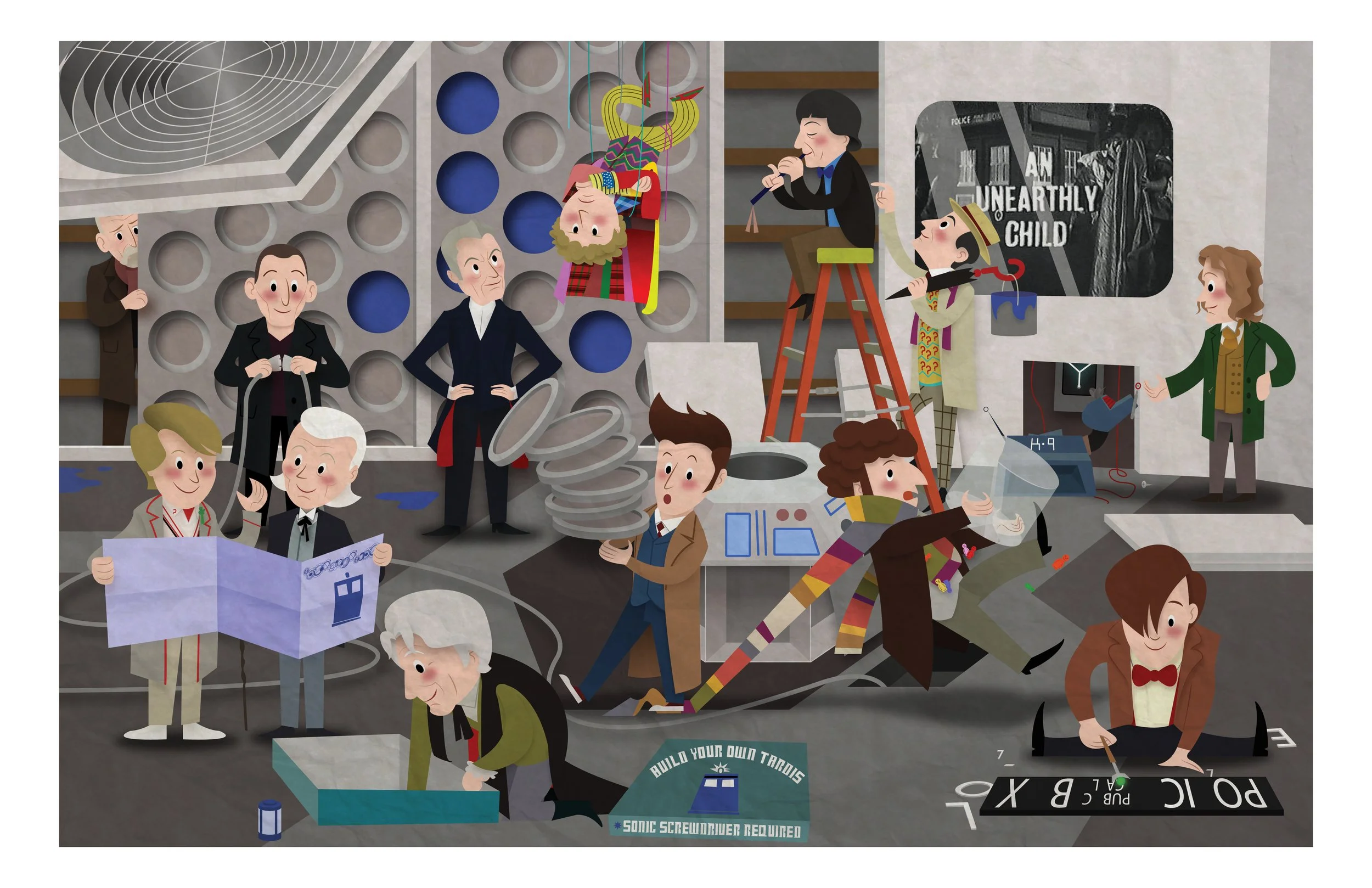 Celebrating Doctor Who with a poster featuring all the Doctors building the TARDIS.