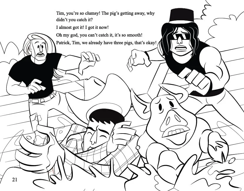 Black and white cartoon scene of three men and a pig on a river. One man, with long hair, sunglasses, and a hat, is standing on a boat showing frustration. Another man, wearing a hat and checked shirt, has fallen into the water, holding his hat and smiling. The third man, with curly hair and a t-shirt, is also in the water, looking worried and reaching for the pig. The pig appears distressed in the water. Dialogue shows one man criticizing Tim's clumsiness for not catching the pig and another reassuring him that they have three pigs already.