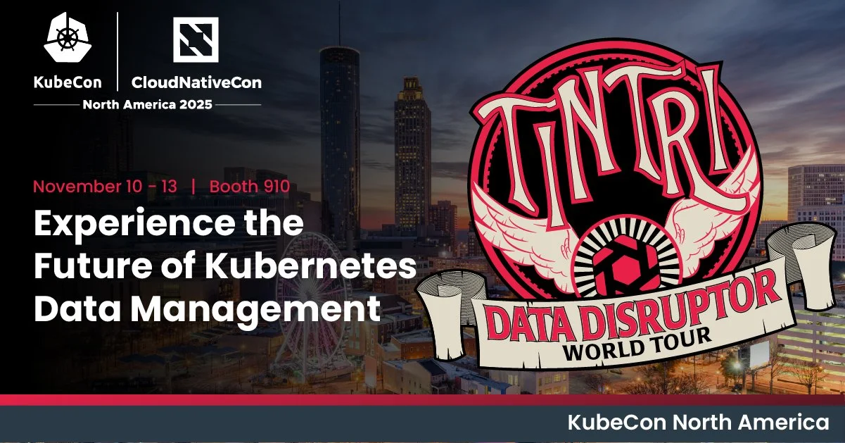 Event poster for KubeCon North America 2025 and CloudNativeCon North America 2025, featuring a city skyline at sunset, and a large logo with wings and the text "Data Disruptor World Tour" and a hexagonal icon.