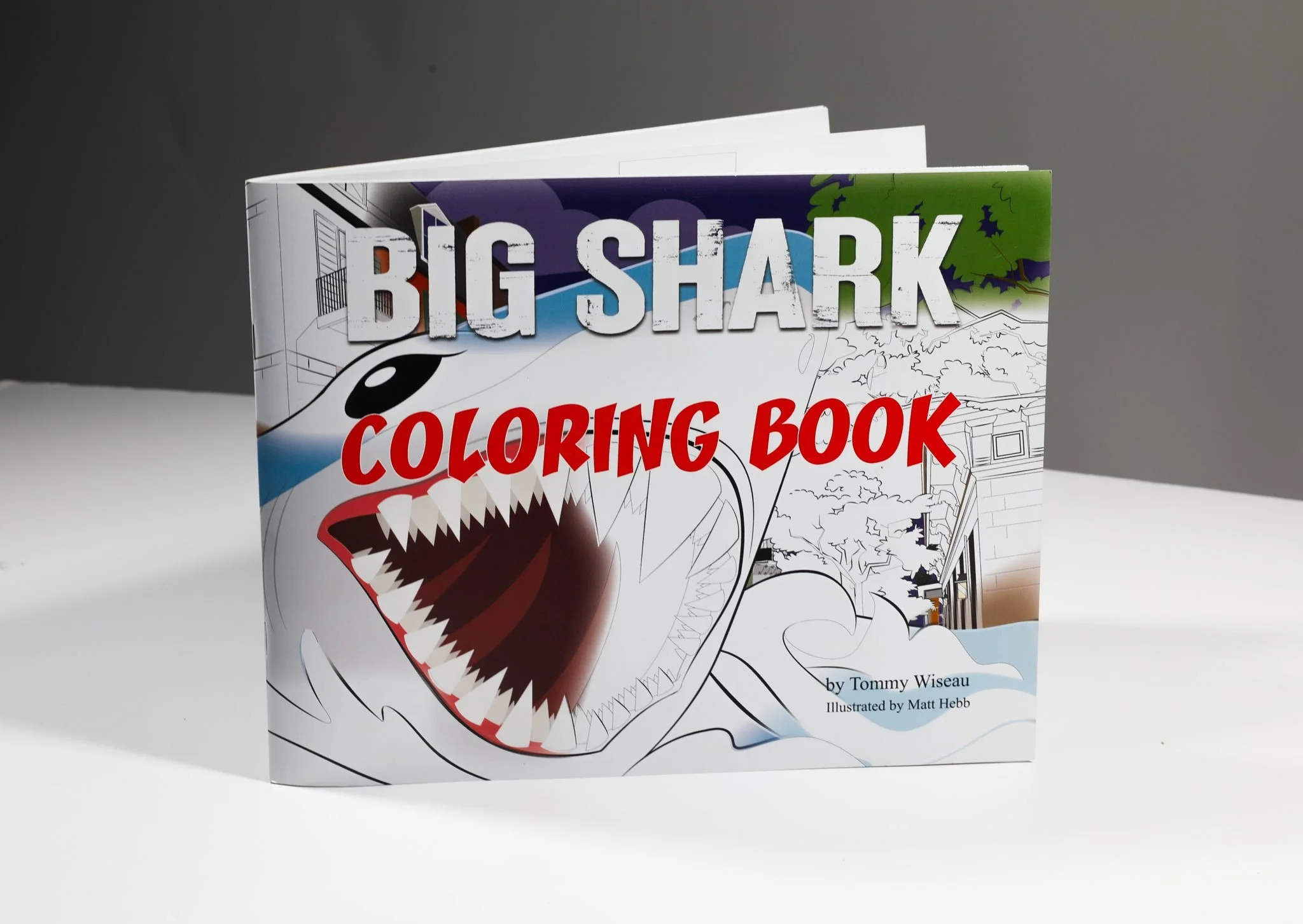 Cover of a children's coloring book titled 'Big Shark Coloring Book' featuring an illustration of a cartoon shark with sharp teeth and an open mouth, with some parts of the shark still uncolored, and a background with trees and buildings.