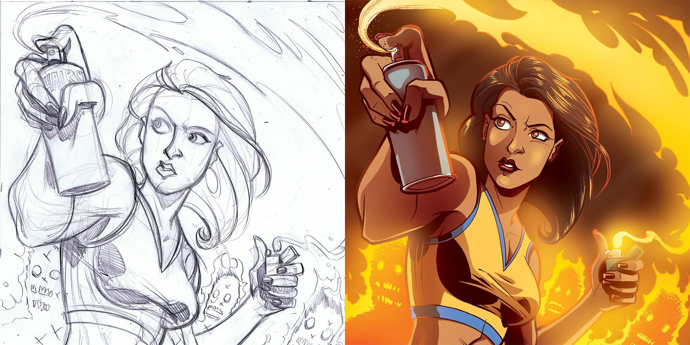Comparison of an animated female superhero sketch on the left and a colored digital illustration of the same character on the right, both holding a spray can.