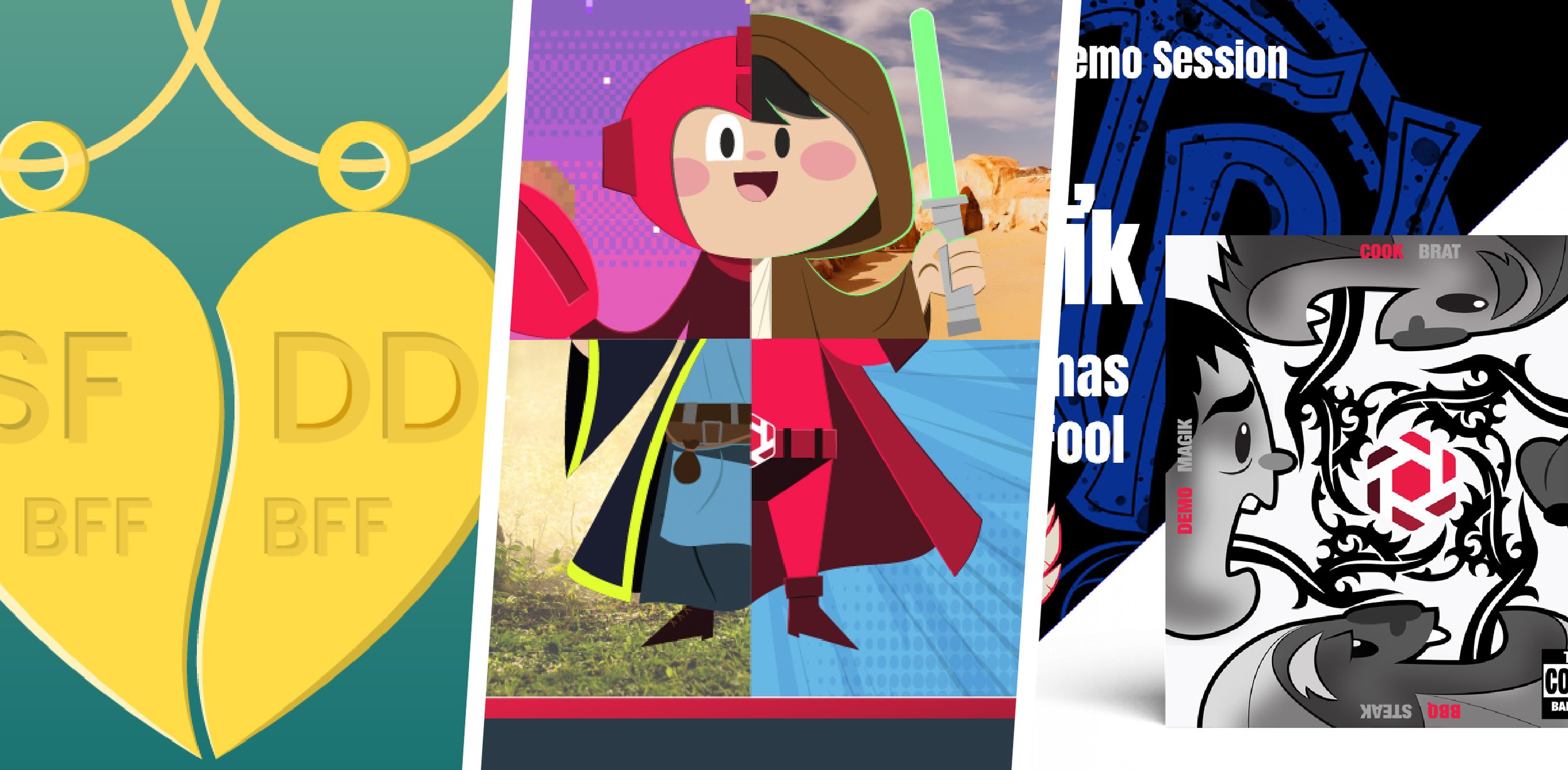 Collection of four digital art styles: yellow coins with 'BFF' embossed, pixel art character in a colorful background, animated 'Tik has tool' poster with a girl in a red cape holding a green lightsaber, and black-and-white comic cover with a dragon and characters.