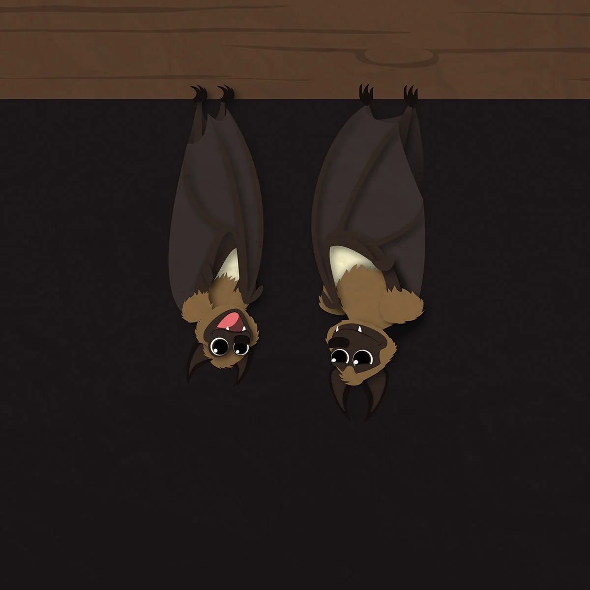 Two cartoon bats hanging upside down from a wooden ceiling, with a happy appearance and big eyes.