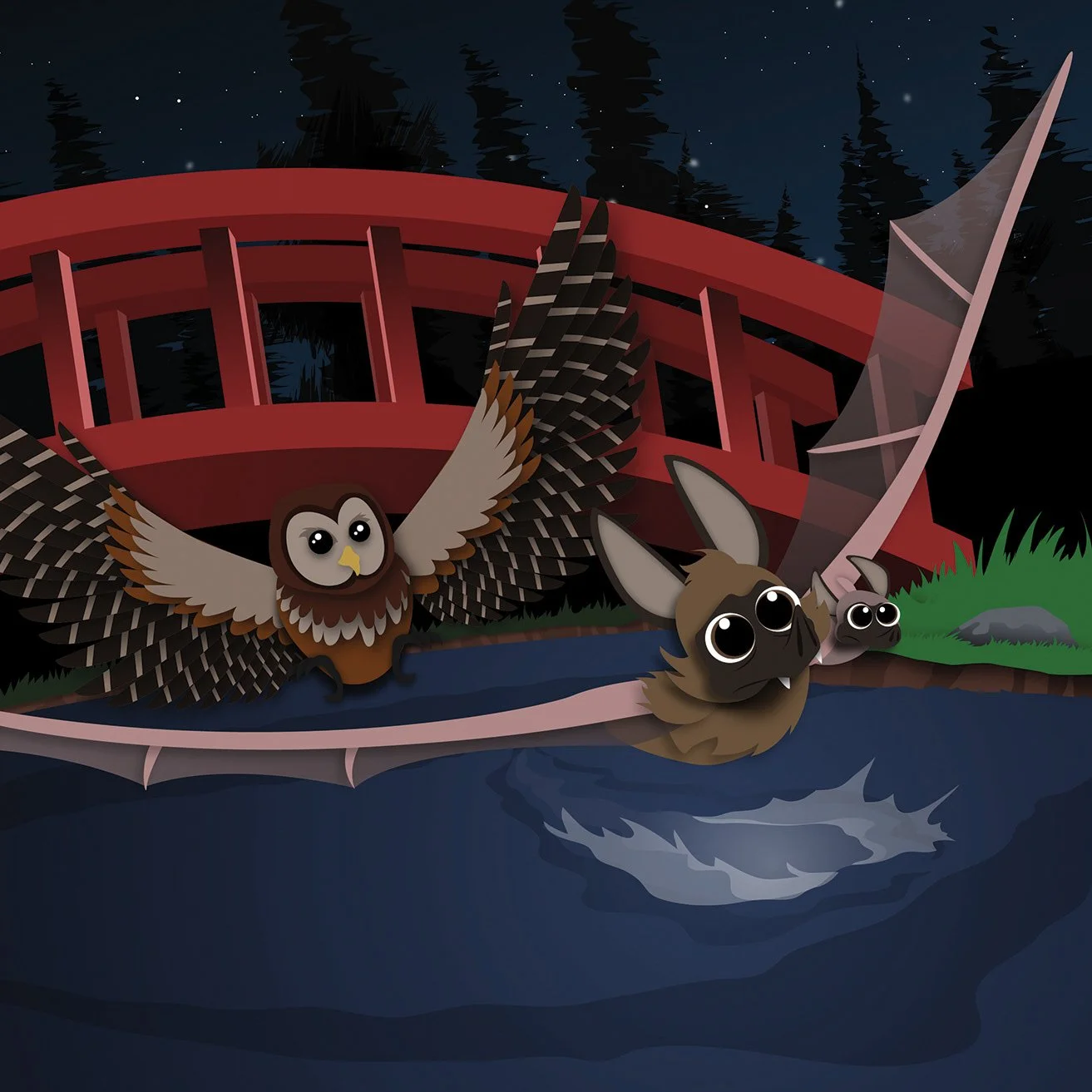 Cartoon animals by a river at night, including an owl with outstretched wings, a bat standing on the ground, and a small animal with large eyes. A red bridge and trees are in the background.