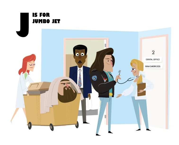 Cartoon of three patients waiting in a dental office, with a nurse and a medical professional nearby. One patient is in a wheelchair, another is standing with a woman in a police uniform, and a third is a woman dental assistant holding a clipboard.