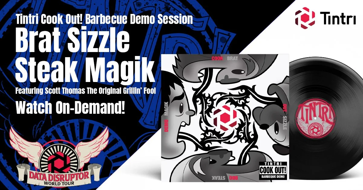 Promotional graphic for Tintri Cook Out barbecue demo session featuring Brat Sizzle Steak Magik, with a vinyl record, animated characters, and a logo with wings, all advertising an on-demand event hosted by Data Disruptor World Tour.