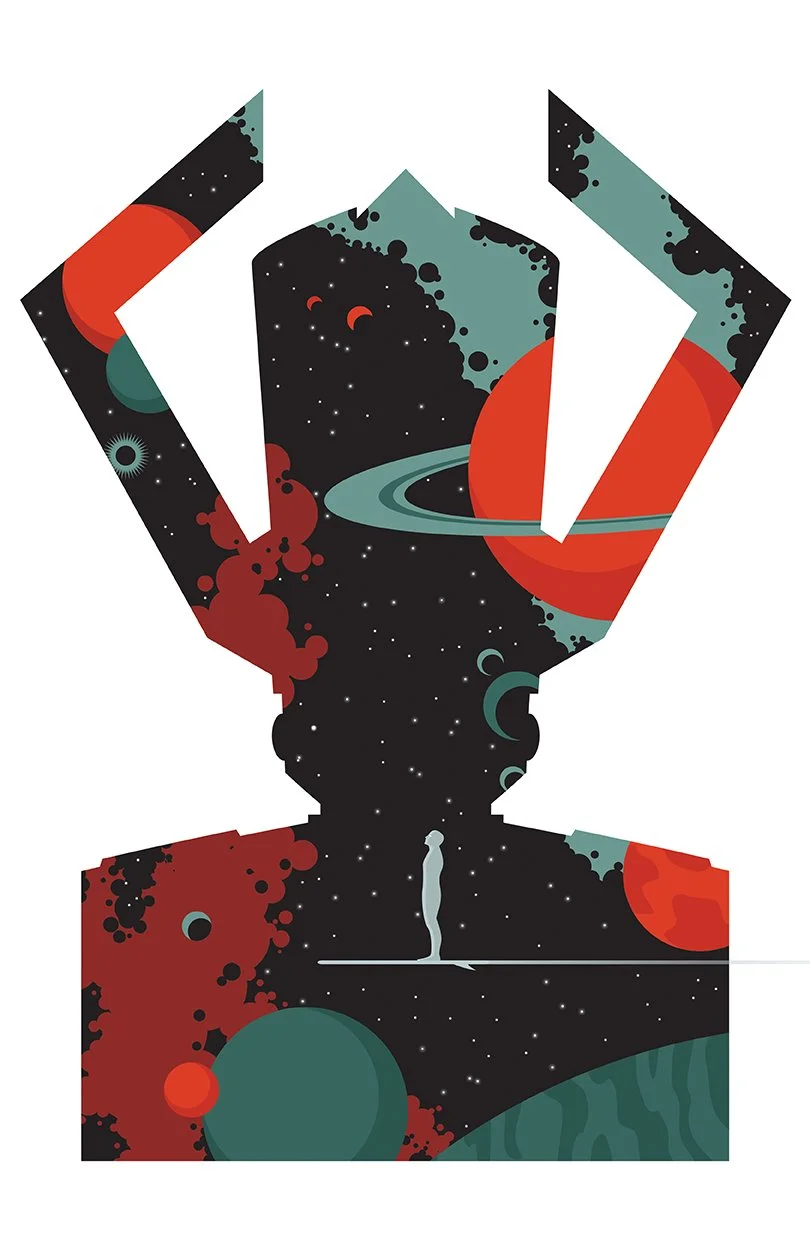 Abstract artwork of a person made from space scene, including planets, stars, and cosmic elements, with a raised fist silhouette.