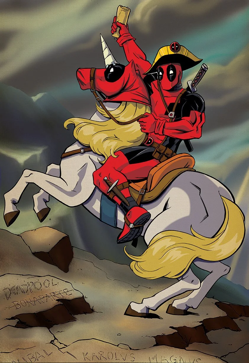 Comic-style illustration of Deadpool dressed as a cowboy riding a unicorn, holding a phone, with a background of stormy clouds and rocky ground.