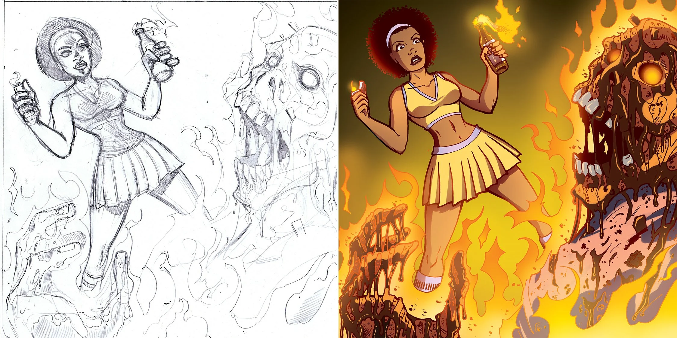 Zombies vs Cheerleaders playing card game featuring a cheerleader with Molotov cocktails.