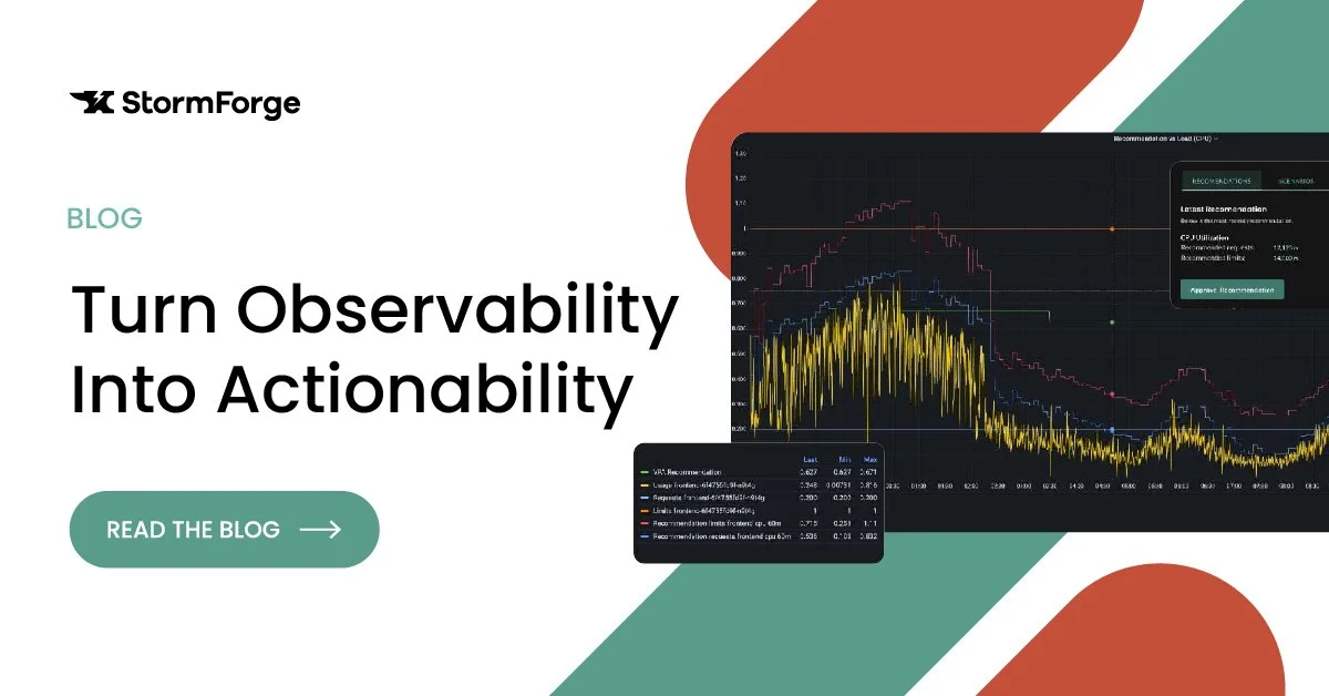 Blog post titled "Turn Observability Into Actionability" by StormForge with a graph showing various data trends and performance metrics.