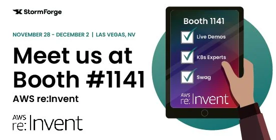 Event flyer for AWS re:Invent 2023 with StormForge, held November 28 to December 2 in Las Vegas, Nevada. It invites attendees to meet at Booth 1141, which offers live demos, K8s expertise, and Swag. The flyer features a hand holding a smartphone displaying the booth number and event details.