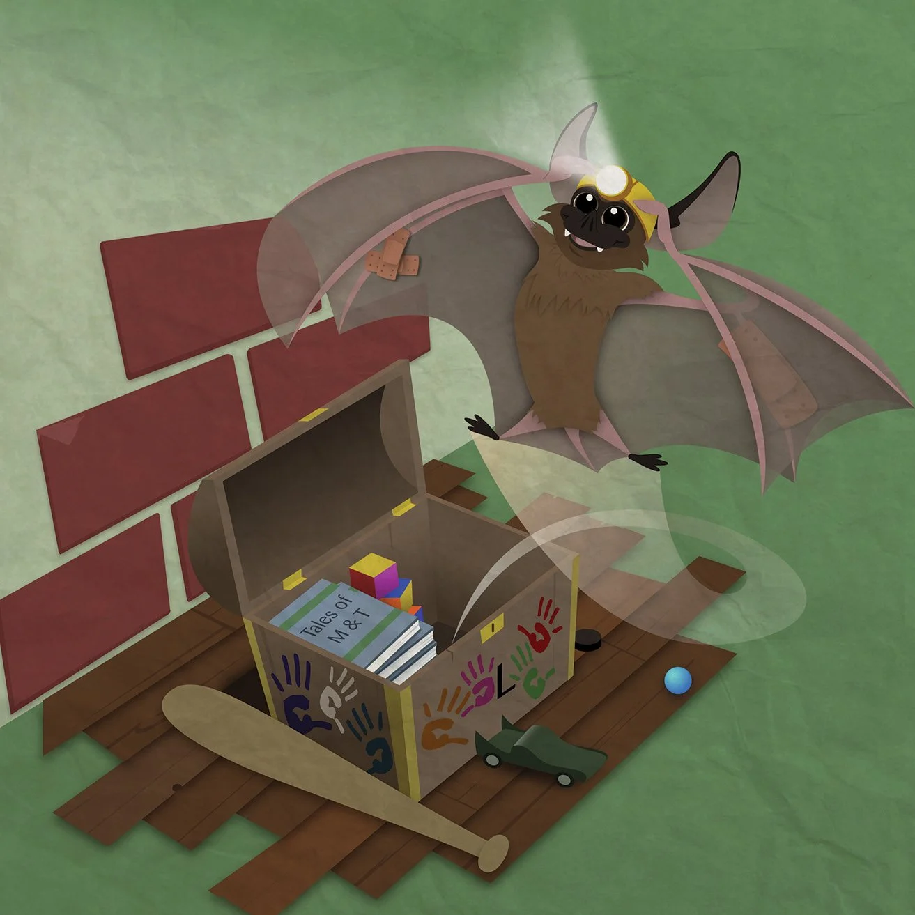 A cartoon bat with gray wings, black eyes, and a yellow helmet flying above a toy box. The toy box contains colorful blocks and books titled 'Tales of M & T'. A toy car, a blue ball, and a wooden paddle are on the wooden floor next to the box. Behind, there is a red brick wall and green floor.