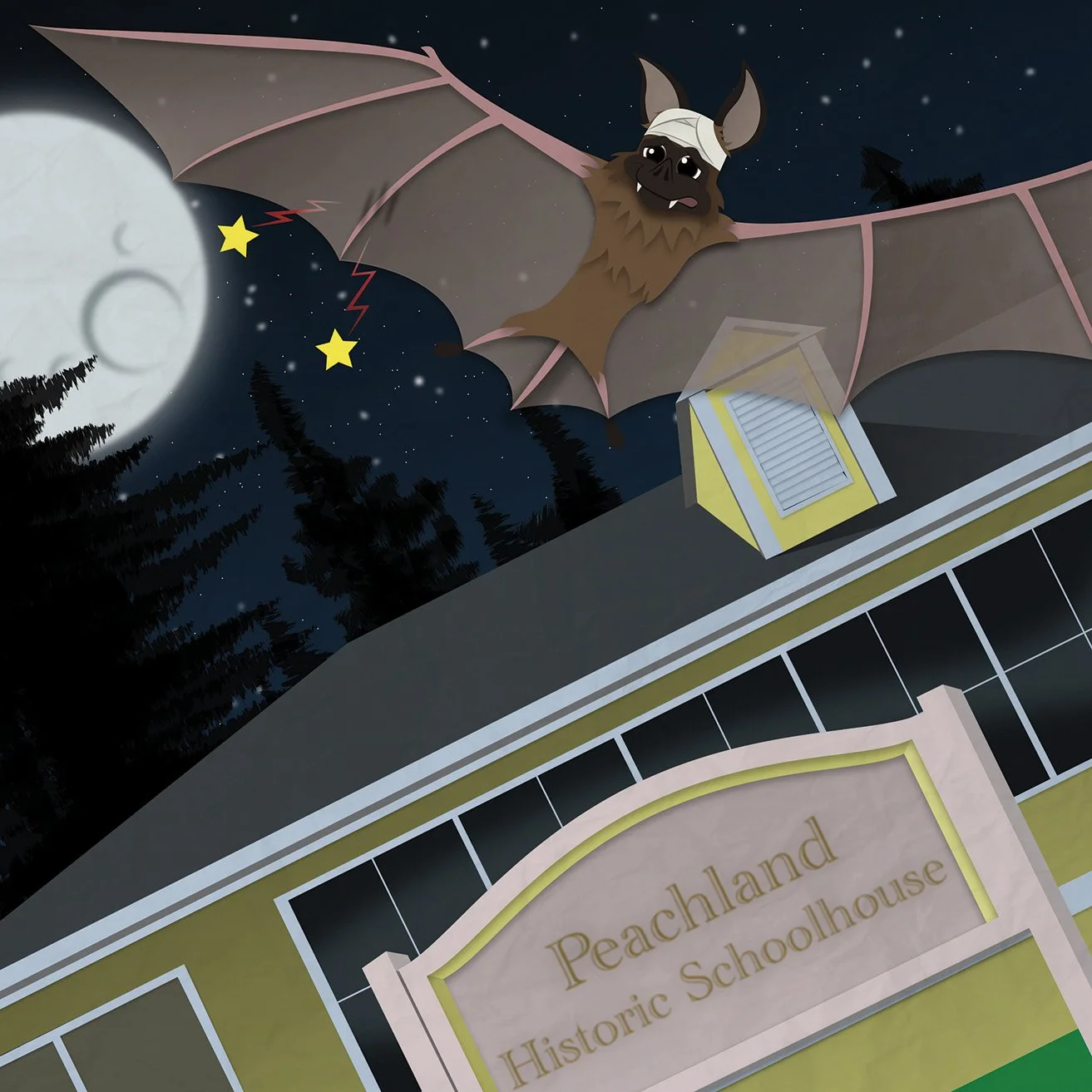Illustration of a bat hanging upside down on the roof of Peachland Historic Schoolhouse at night, with a full moon in the background and stars in the sky.