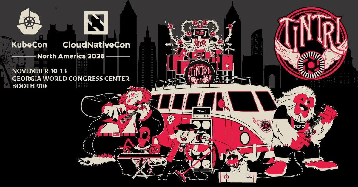Event poster for KubeCon and CloudNativeCon North America 2025 at Georgia World Congress Center, November 10-13, featuring cartoon characters with musical instruments around a karaoke setup, with a city skyline background and a large logo of TINTR.
