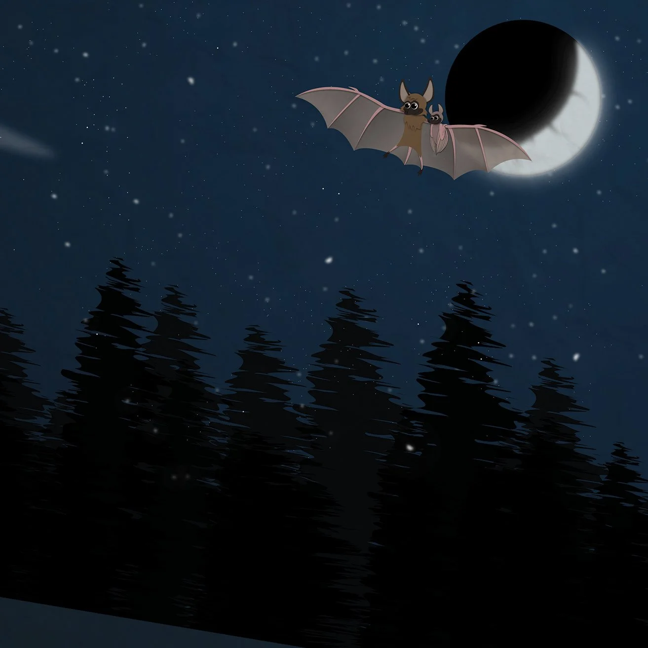 A cartoon scene of a bat flying in front of a dark sky with a partial lunar eclipse, looking towards a forest of pine trees.