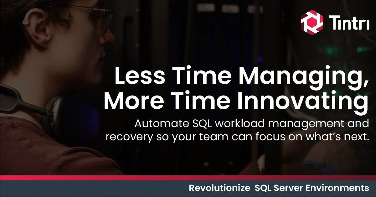 Person wearing headphones working at a data server, promoting SQL workload management automation by Tntri.