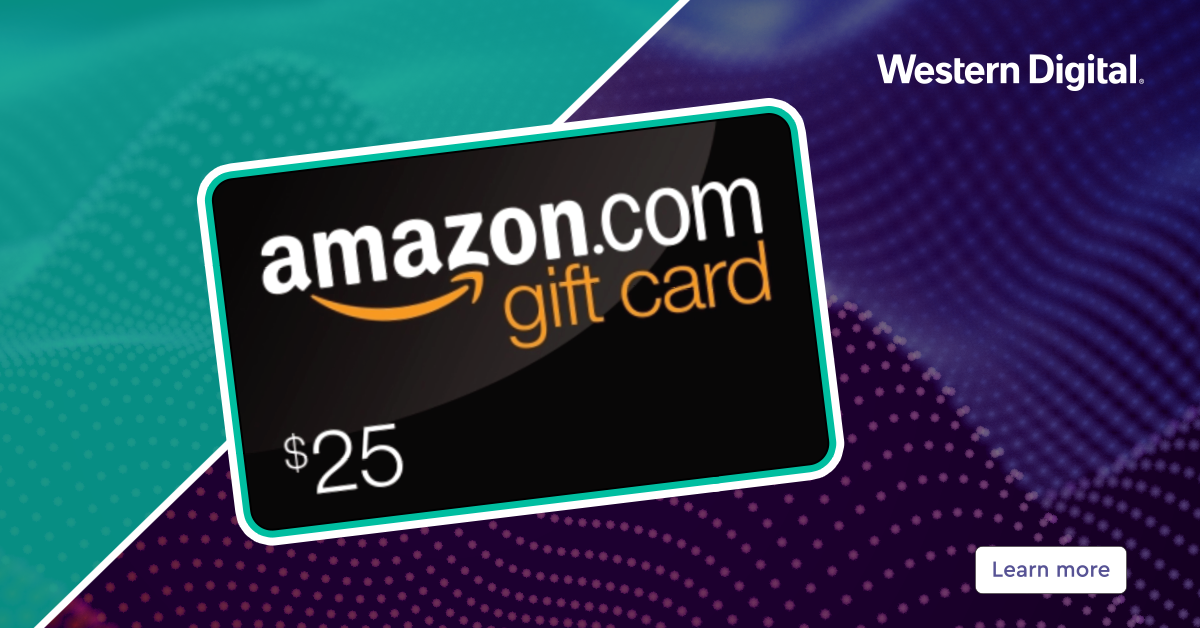 Amazon.com gift card valued at $25 with Western Digital branding in the background.
