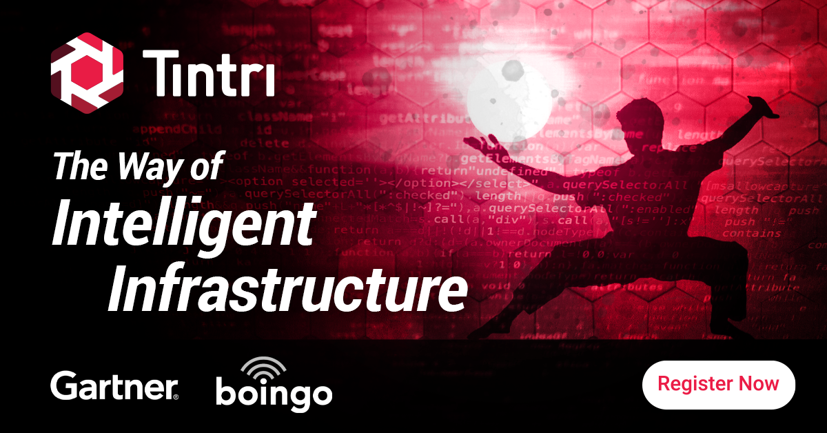 Digital graphic with red and black background, featuring the text 'Tintri' and 'The Way of Intelligent Infrastructure', along with logos for Gartner, boingo, and a 'Register Now' button.