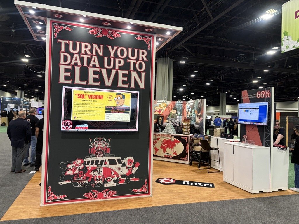 A trade show booth for Tintri featuring the Data Disruptor World Tour.