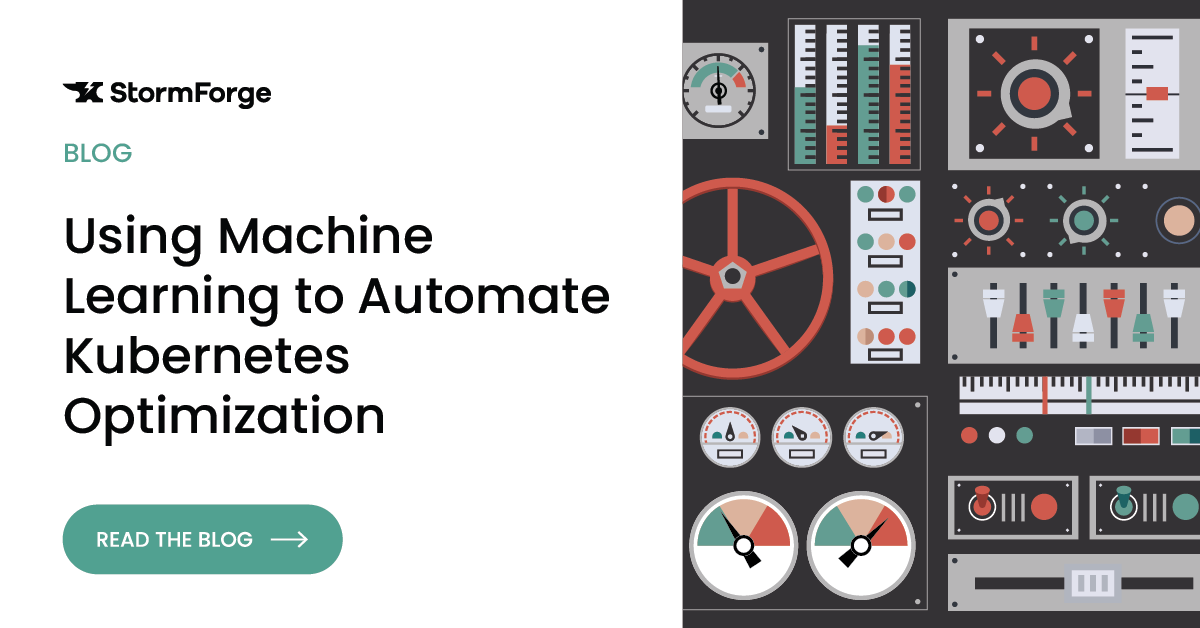 A webpage header with the StormForge logo, a blog title about using machine learning to automate Kubernetes optimization, a green button labeled 'Read the Blog', and a graphic of various control panel gauges and meters.