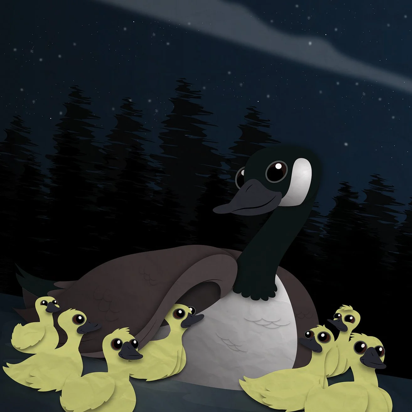 Animated illustration of a mother Canada goose with her yellow ducklings in a dark, starry night forest setting.