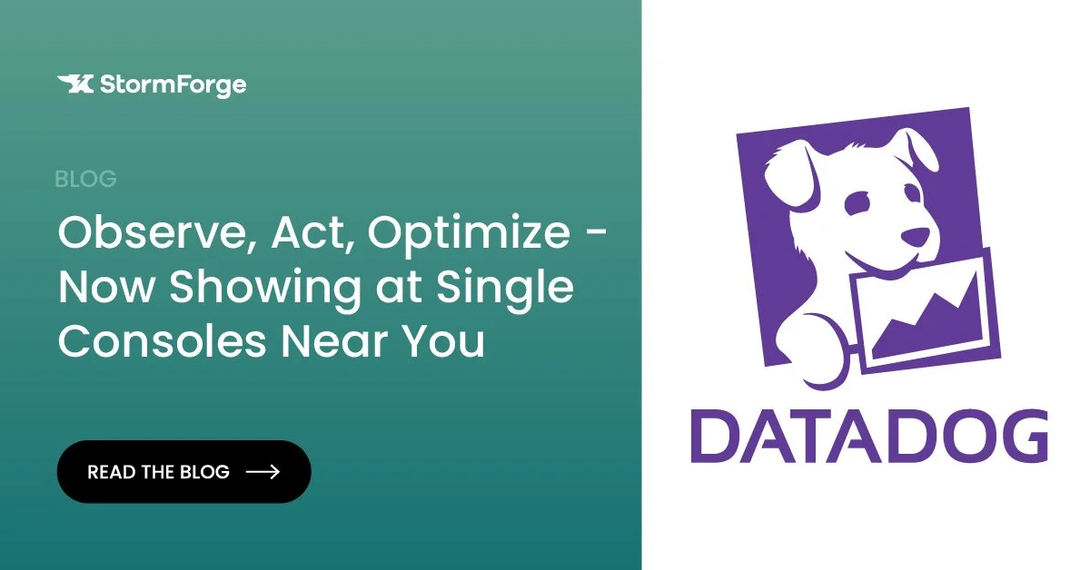 A digital graphic promoting a blog post about Datadog's new feature showing data on single consoles. Features the Datadog logo with a dog holding a chart, alongside text about observing, acting, and optimizing with a call-to-action button.