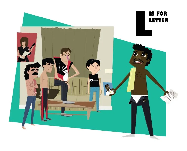 An animated illustration of a group of people in a room, with a man in front holding a photo and papers, protesting or speaking. There are five other individuals, some appearing upset or concerned, one playing guitar on a poster, and one standing near a curtain. The image conveys a scene of social or emotional tension.