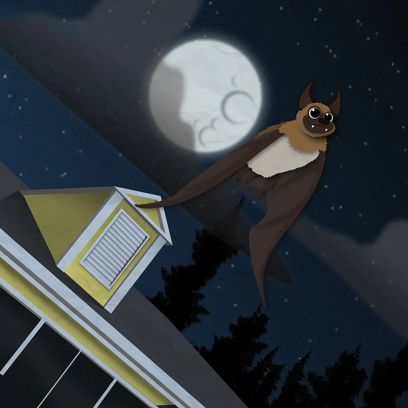 A cartoon bat flying at night in front of a full moon, with a night sky and silhouetted trees below.