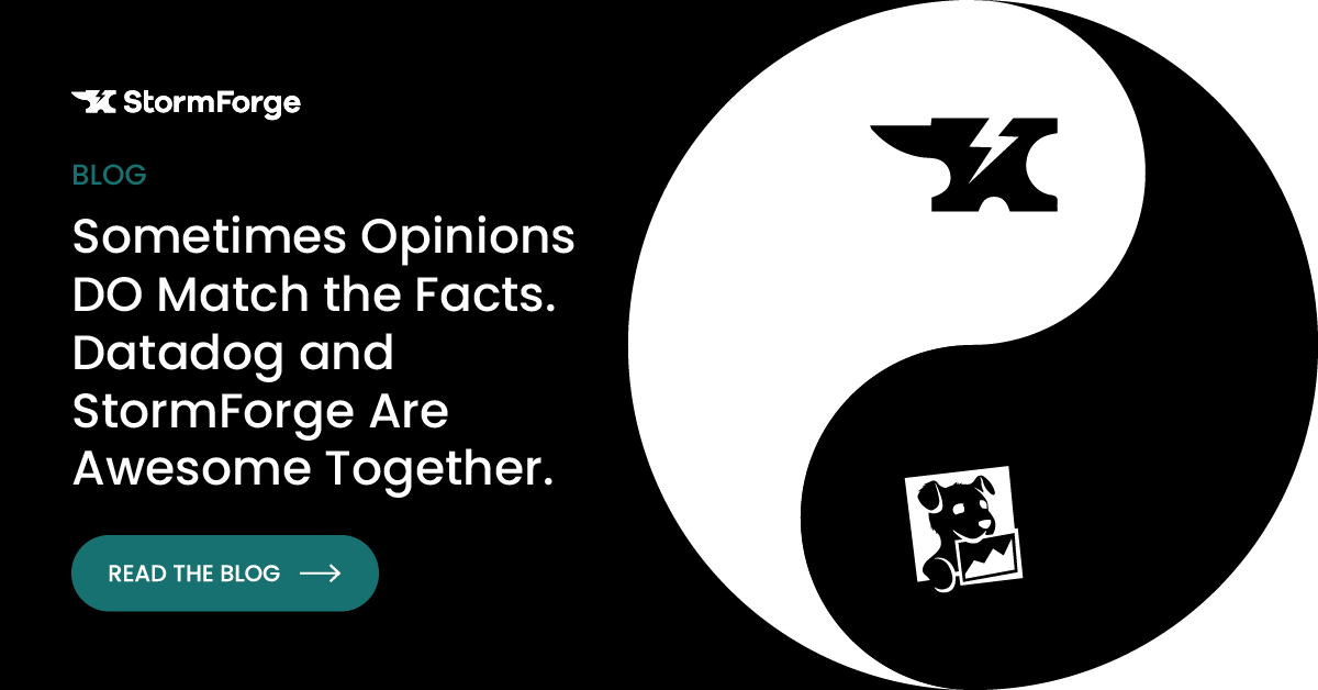A digital graphic contrasting opinions and facts with a yin-yang symbol, featuring StormForge logo, and icons of a lightning bolt and a dog.