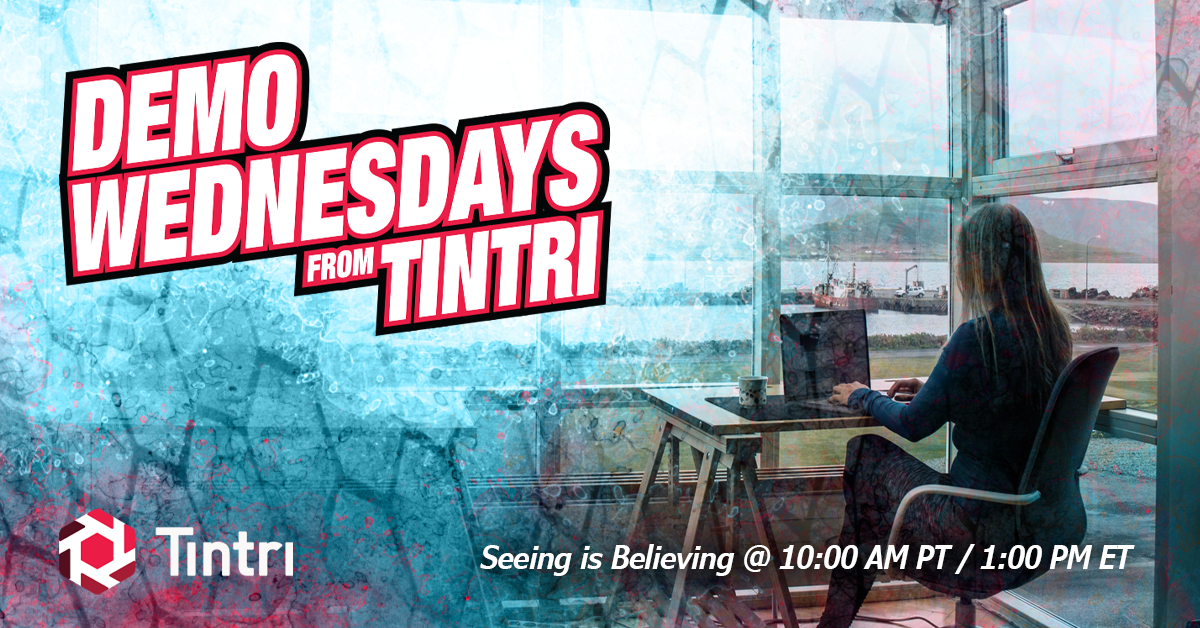 A woman sitting at a desk with a laptop in a sunlit room with large windows showing an airport runway and distant ships. Text overlay promotes 'Demo Wednesdays from Tintri' with a viewing time of 10:00 AM PT / 1:00 PM ET for 'Seeing is Believing.'