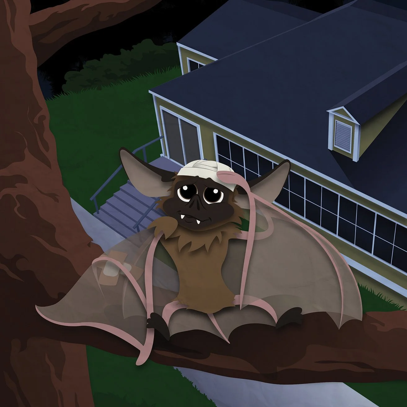 A cartoon bat with large eyes, fangs, and wings, sitting on a tree branch in front of a house at night.