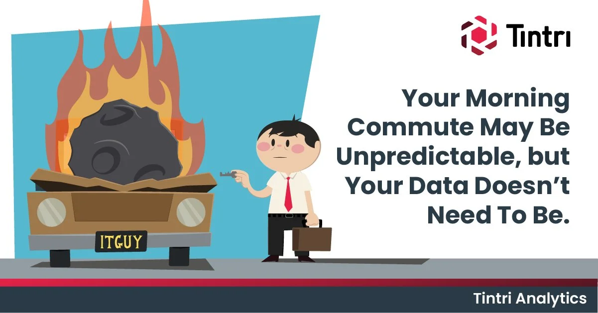 Cartoon man in business suit with briefcase standing next to burning trash can with a black rock inside. The scene is labeled with the text, "Your Morning Commute May Be Unpredictable, but Your Data Doesn't Need To Be," and has the Tintri logo in the top right corner.