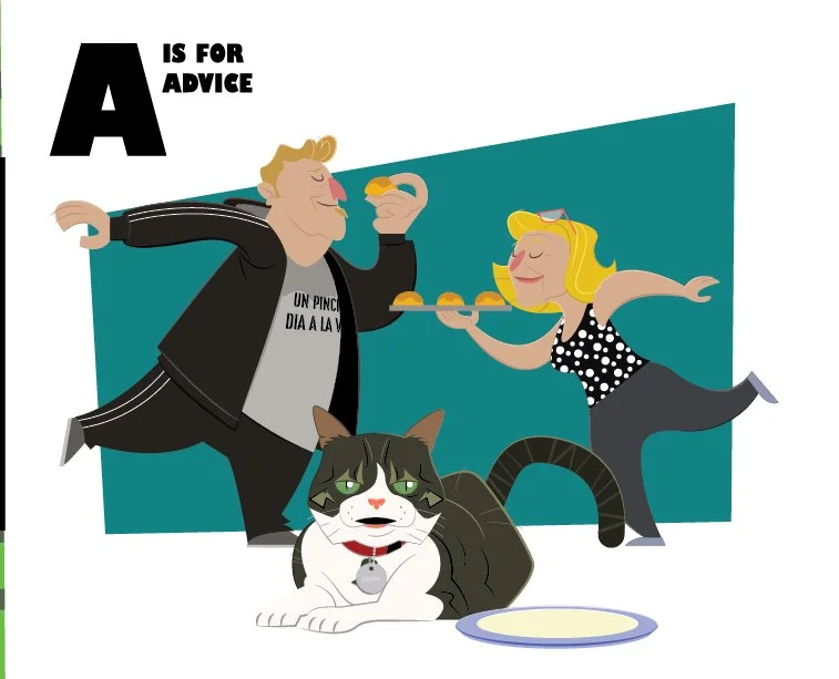 Cartoon of a man and woman enjoying food with a cat sitting in front of them. The text 'A is for Advice' and 'Un pincée d'Dria à la V'.