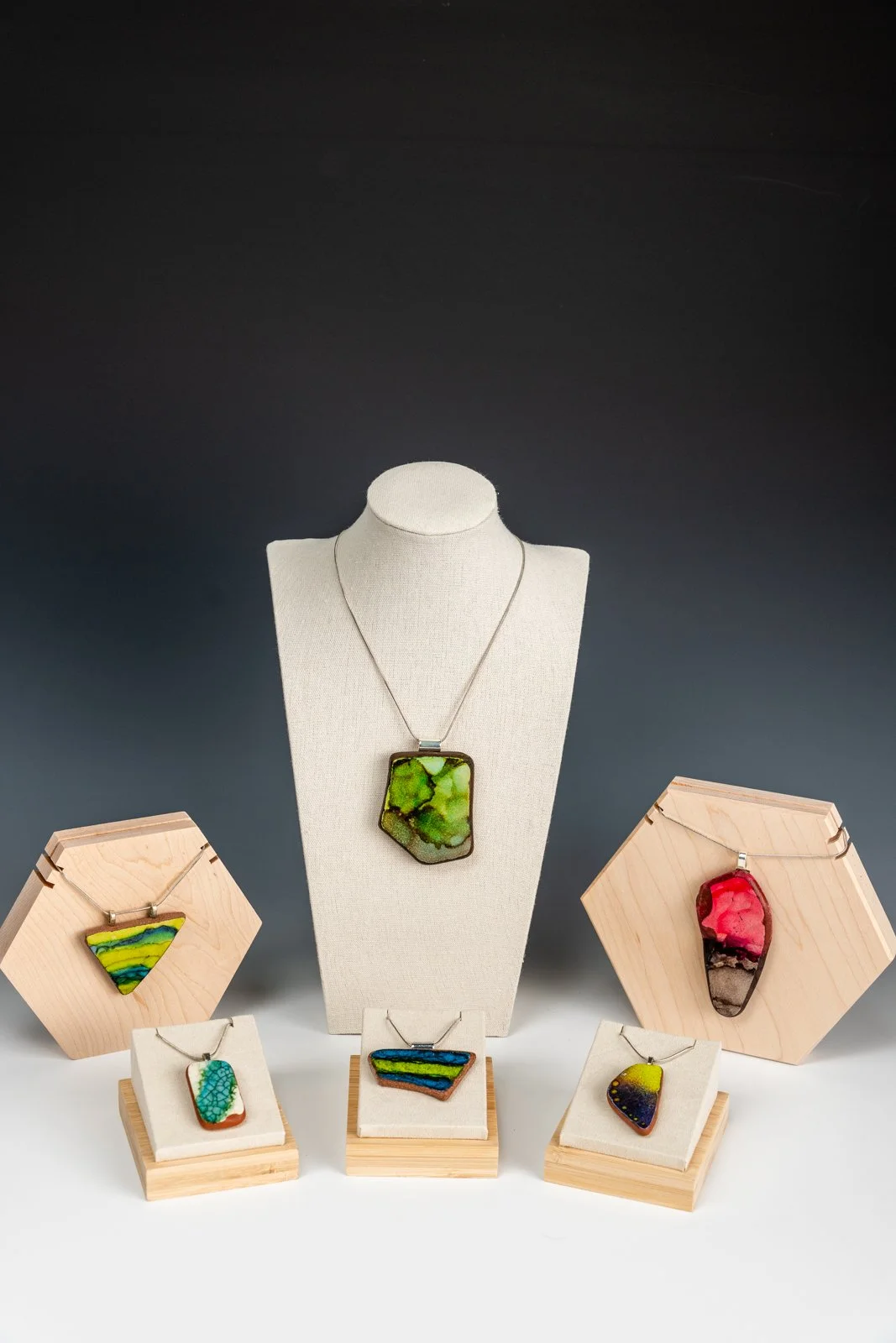 Found tumbled sea tile then painted with alcohol ink and made into a necklace. From Puerto Rico. 