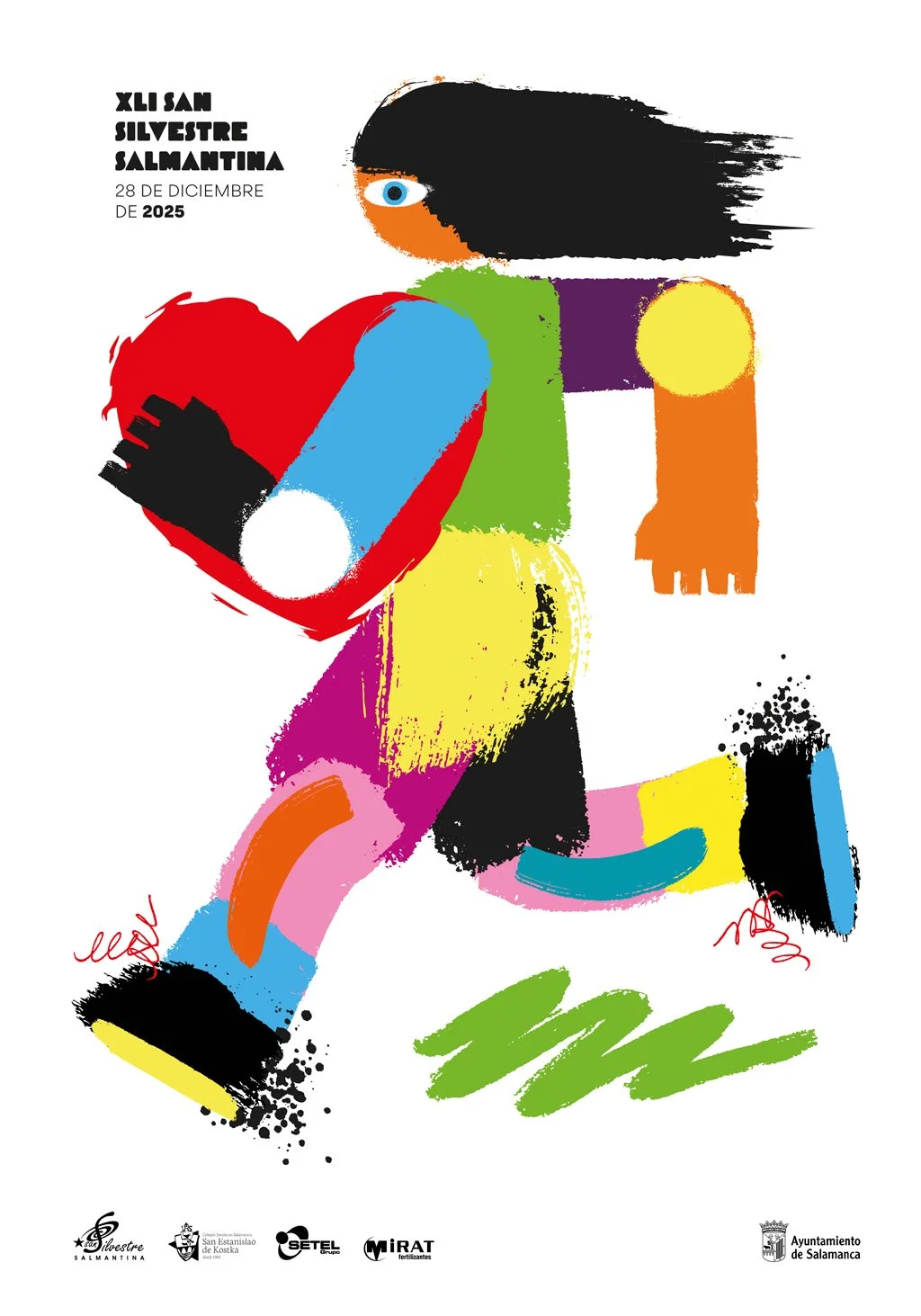 Cartel con ilustración colorida de una figura abstracta que tiene un corazón rojo en la mano y una cara con un ojo visible. Incluye texto en la esquina superior izquierda que dice: 'XLI San Silvestre Salmantina 28 de diciembre de 2025'. En la parte inferior, hay logotipos de instituciones y el escudo del Ayuntamiento de Salamanca.